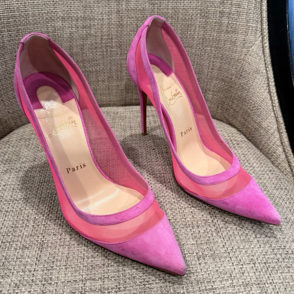 Christian Louboutin Galativi Pointed Toe Pumps Hot Pink Suede & Mesh